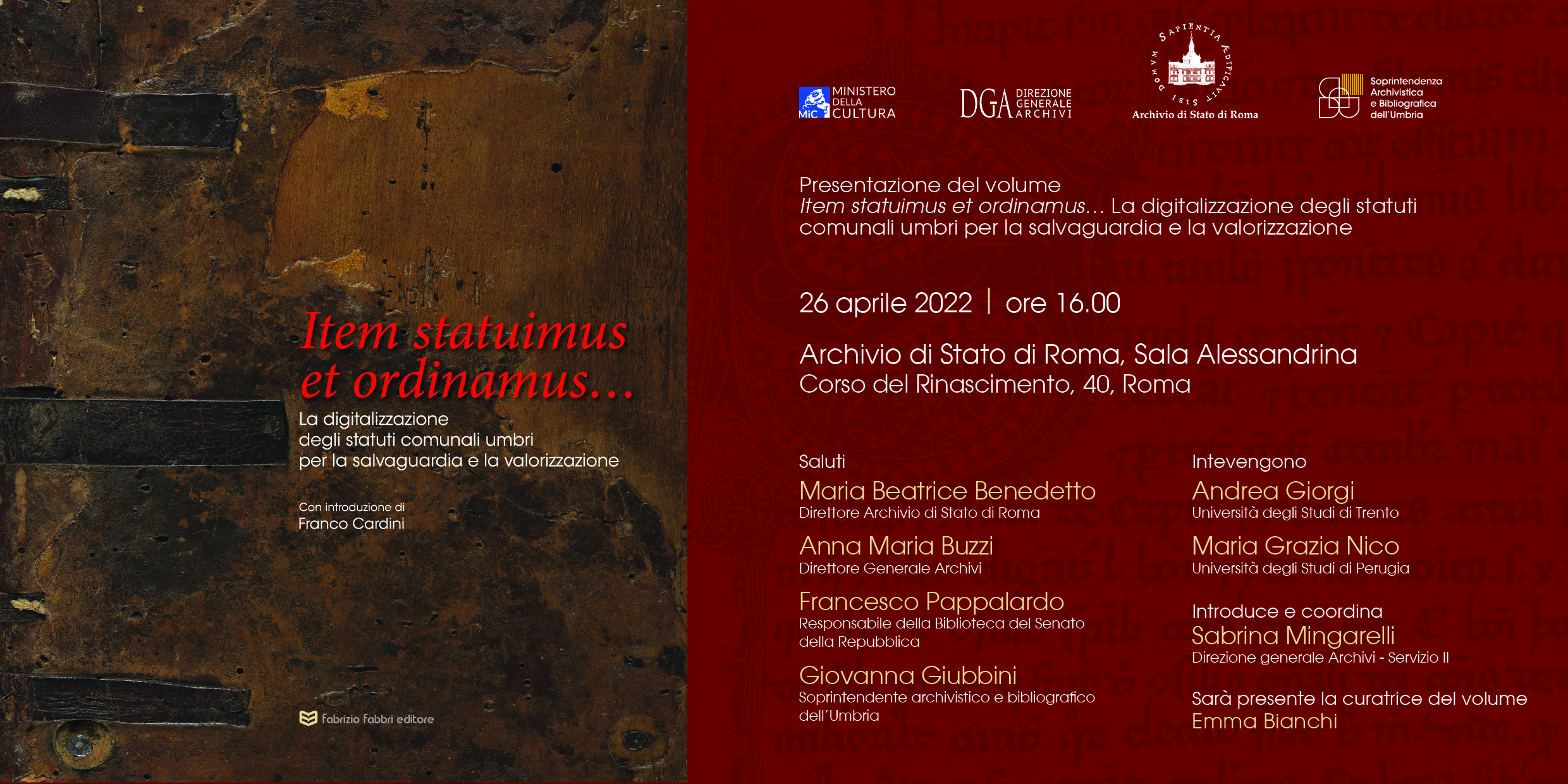 Presentazione volume Item statuimus et ordinamus… La digitalizzazione degli statuti comunali umbri per la salvaguardia e la valorizzazione